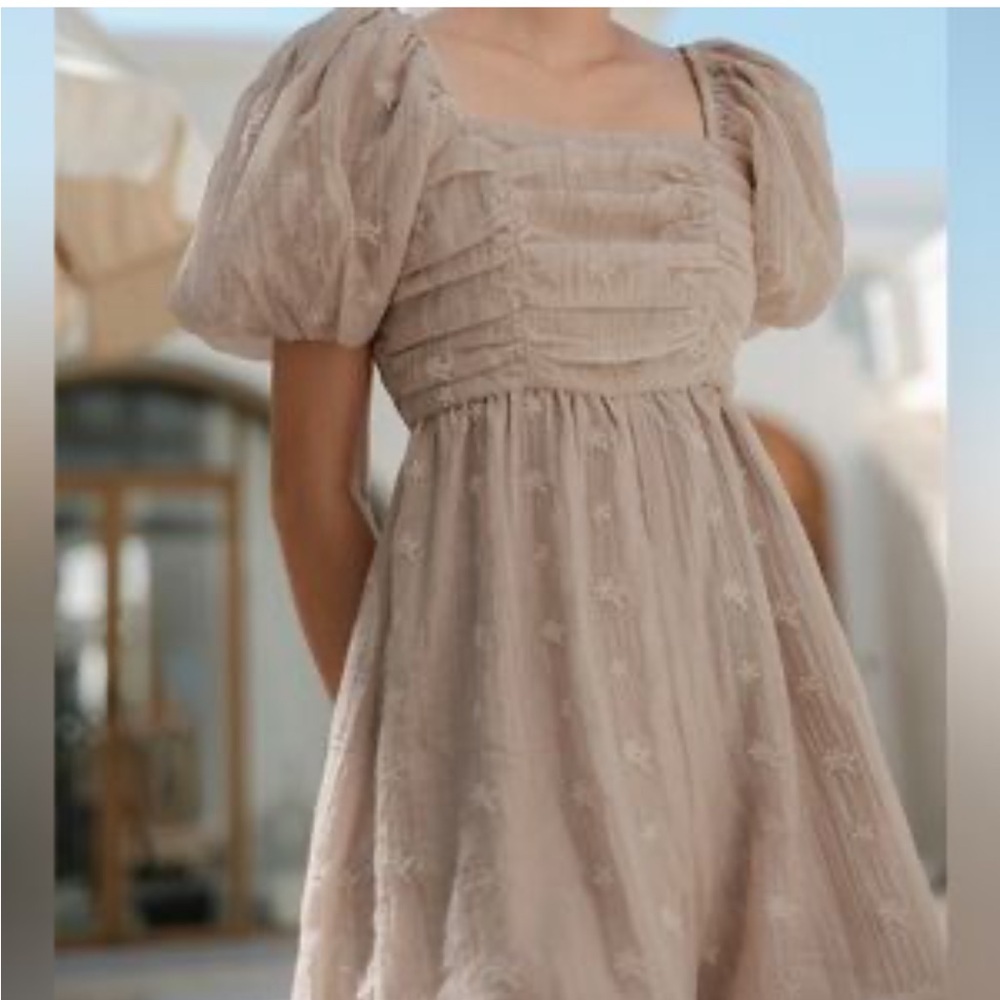 Tan A-line Dress with Puff Sleeves and Square Neck